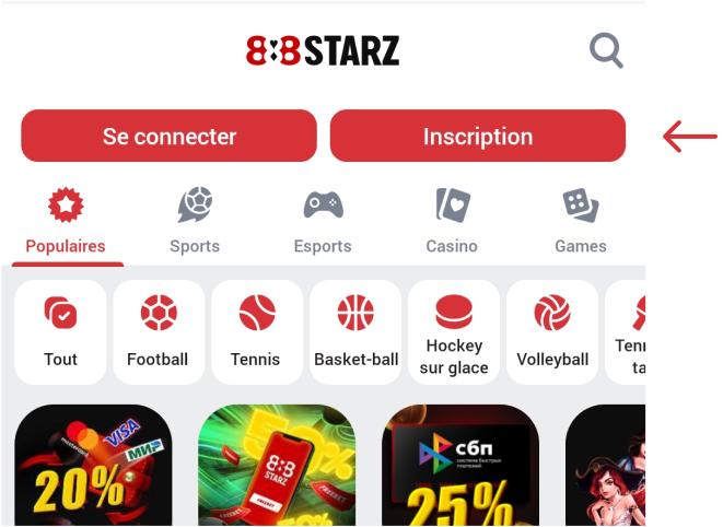 Gros bouton rouge S'inscrire 888starz Apk Togo