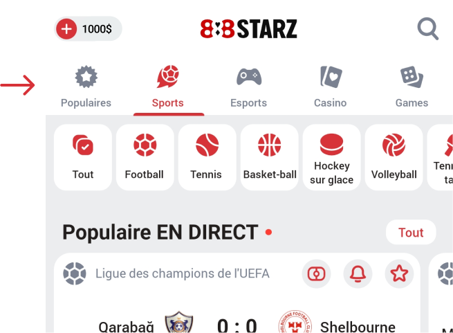Tapez sur l'onglet Sports 888starz Apk Togo